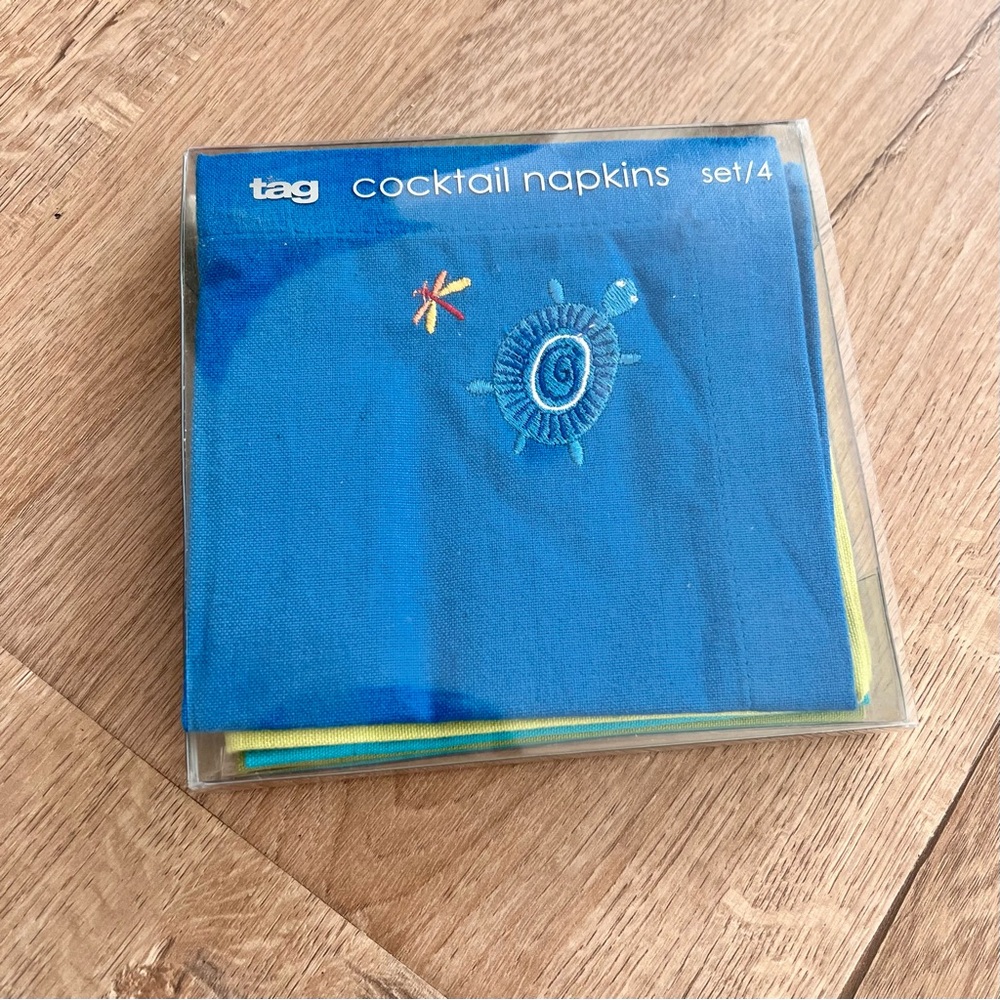 Tag Embroidered Turtle Cocktail Napkins 100%‎ Cotton Set of 4 NIB 10” X 10”
